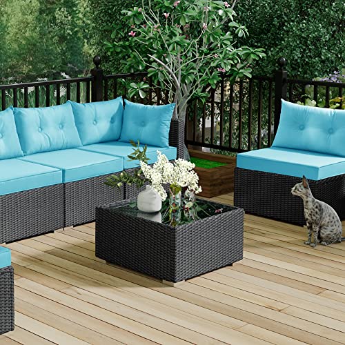 Allewie Patio Furniture Set 7 Pieces Outdoor Furniture with Seat Cushions and Tempered Glass Coffee Table, Wicker Patio Conversation Sets for Backyard, Porch, Balcony, Poolside, Blue & Black