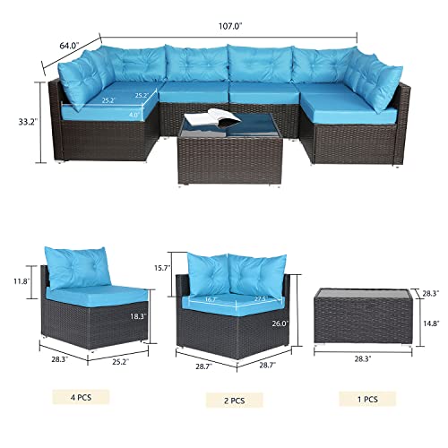 Allewie Patio Furniture Set 7 Pieces Outdoor Furniture with Seat Cushions and Tempered Glass Coffee Table, Wicker Patio Conversation Sets for Backyard, Porch, Balcony, Poolside, Blue & Black