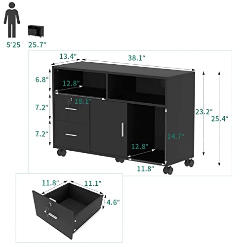 YITAHOME Wood File Cabinet, 2 Drawer Mobile Lateral Storage Cabinet Printer Stand with Lock and Open Storage Shelves for Home Office, Black,Drawers Without Hanging Bars