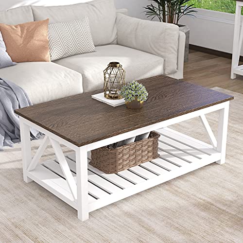 ChooChoo Farmhouse Coffee Table, Rustic Vintage Living Room Table with Shelf, 40 White