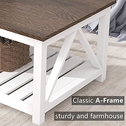 ChooChoo Farmhouse Coffee Table, Rustic Vintage Living Room Table with Shelf, 40 White