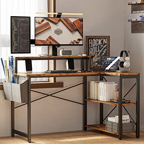 IRONCK L Shaped Desk with Charging Station and Storage Shelves, 47 inch Corner Computer Desk with Monitor Stand, Writing Table for Home Office, Vintage Brown