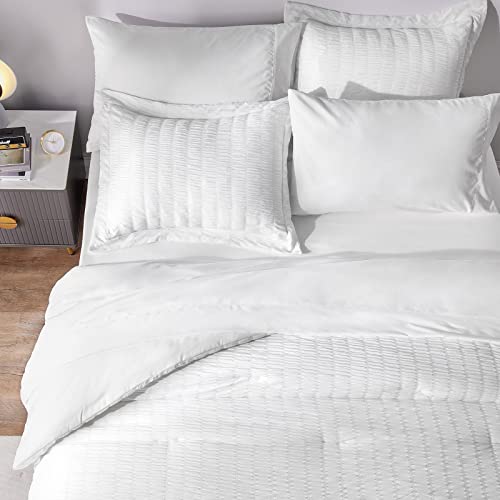 CozyLux Queen Bed in a Bag White Seersucker Comforter Set with Sheets 7-Pieces All Season Bedding Sets with Comforter, Pillow Sham, Flat Sheet, Fitted Sheet and Pillowcase