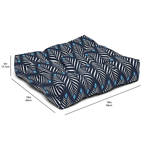 Amazon Basics Tufted Outdoor Patio Square Seat Cushion 19 x 19 x 5 Inches, Navy Blue Leaf - Pack of 2