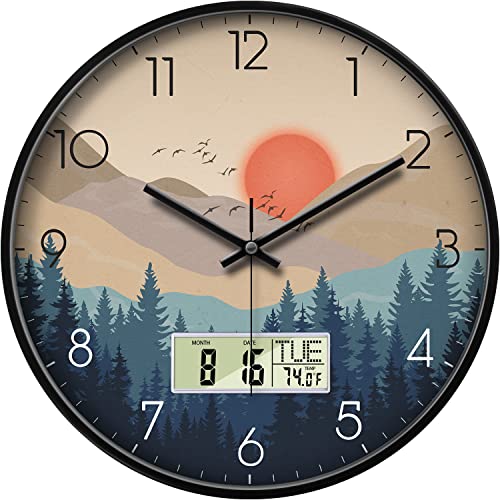 Silent Wall Clock with Date and Week Temperature Wilderness with Sunset Non-Ticking Battery Operated Large Digital Modern Clocks LCD Display for Kitchen Farmhouse Bathroom Office Classroom 12 Inch