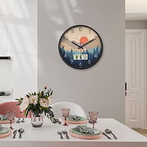 Silent Wall Clock with Date and Week Temperature Wilderness with Sunset Non-Ticking Battery Operated Large Digital Modern Clocks LCD Display for Kitchen Farmhouse Bathroom Office Classroom 12 Inch