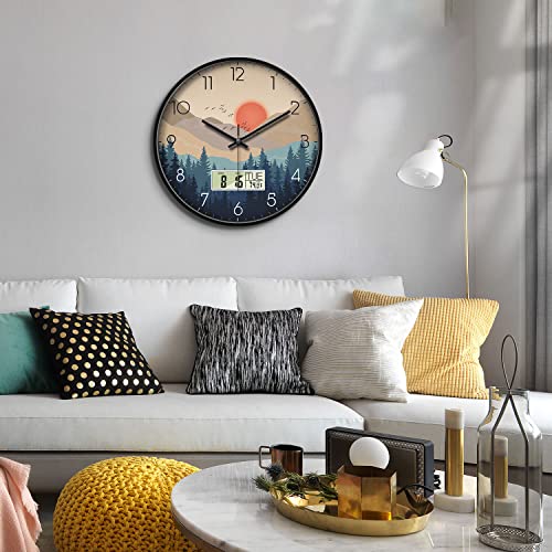 Silent Wall Clock with Date and Week Temperature Wilderness with Sunset Non-Ticking Battery Operated Large Digital Modern Clocks LCD Display for Kitchen Farmhouse Bathroom Office Classroom 12 Inch