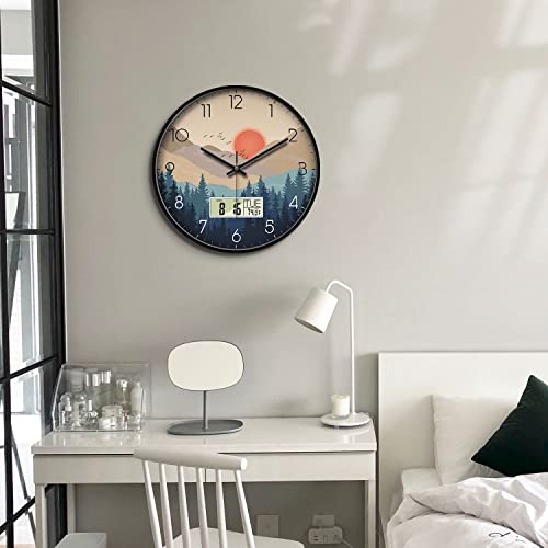 Silent Wall Clock with Date and Week Temperature Wilderness with Sunset Non-Ticking Battery Operated Large Digital Modern Clocks LCD Display for Kitchen Farmhouse Bathroom Office Classroom 12 Inch