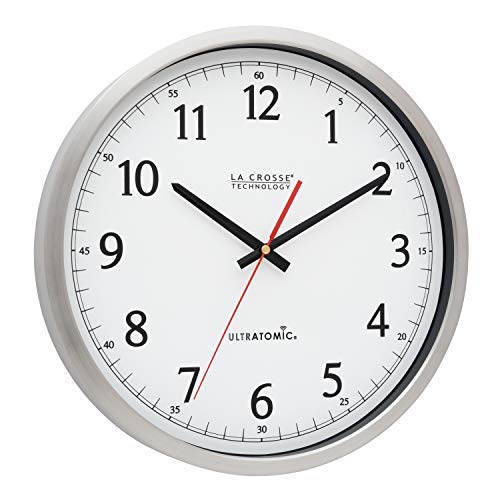 La Crosse Technology 404-1235UA-PL UltrAtomic 14 inch Stainless Steel Wall Clock, Shatterproof Lens, Silver