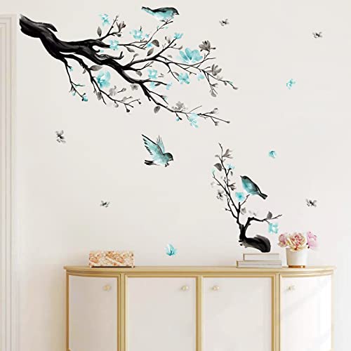 decalmile Watercolor Blue Flower Wall Decals Blossom Bird Tree Branch Wall Stickers Living Room Sofa TV Background Wall Decor